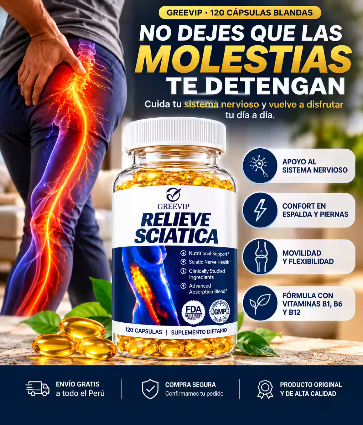 Relieve Sciatica | 120 Cápsulas Blandas – Cuidado Nutricional del Sistema Nervioso